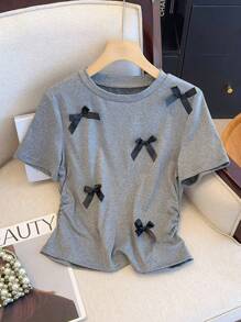 Gloray Women's Floral Grey Crewneck Waisted Bow Decor Short Sleeve T-Shirt