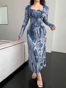 DAZY Vestido midi envolvente con efecto tie-dye para mujer, estilo sexy, vestido elegante de manga larga para primavera y otoño - Azul Marino - Ver 10