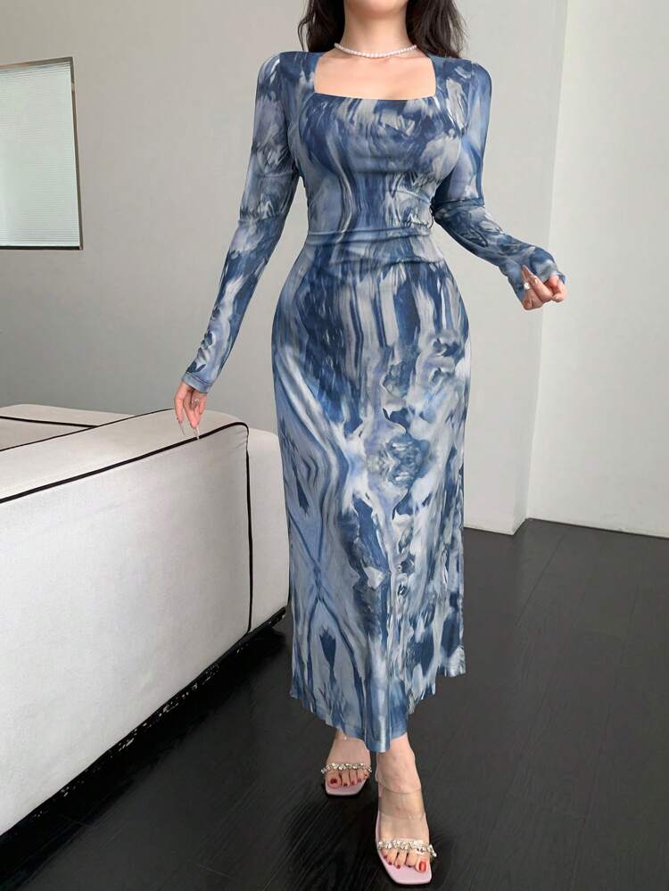 Women's Tie-Dye Wrap Midi Dress, Sexy Style, Spring & Fall Elegant Long Sleeve Dress Floral