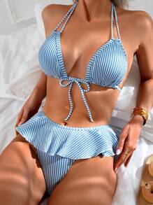 Swim Mod 2 件套女士夏季假日沙滩装条纹荷叶边比基尼套装，可爱泳衣 - 藍白色 - 查看 4