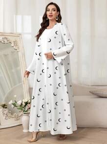 Al Najma Women Star & Moon Print Long Style Abaya Robe,Modest - White - View 4