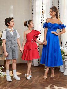 SHEIN Tween Girls' Elegant Ruffled Asymmetrical Shoulder Detachable Waist Belt Dress - Red - View 8