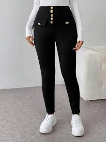 EMERY ROSE Women Casual Solid Color Slim Fit Pants, Autumn/Winter Fall Cloth For Women - Black - View 5