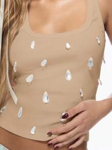 MISSGUIDED Camiseta de tirantes acanalada con adornos de cristal, top básico sin mangas para verano, cami para capas, chaleco crop top para fiestas, clubes, vacaciones y playa