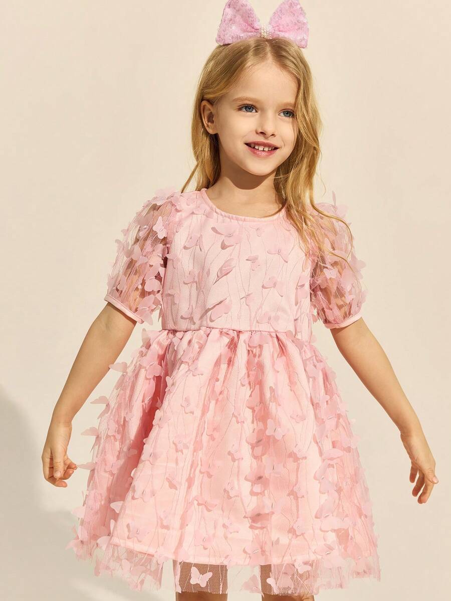 SHEIN Young Girls' Elegant Pink 3D Butterfly Net Mesh Round Neck Dress, Spring/Summer - Pink - View 1