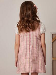 PrepCrw Young Girls' Tweed Puff Sleeve A-Line Dress With Lapel, Pink, Spring/Summer - Pink - View 2