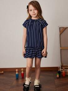 PrepCrw Vestido de estilo universitario con volantes en el dobladillo y rayas azules para niñas jóvenes en primavera/verano - Azul y blanco - Ver 6