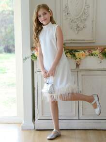 White Elegant Sweet High Neck Dress For Girls, Patchwork Fluffy Hem, Solid Color Simple Fitted Style - White - View 7