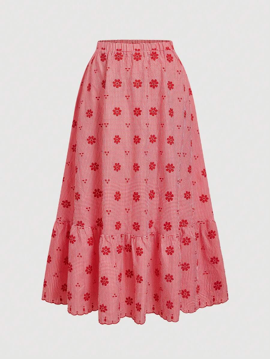 SHEIN MOD 大码女式休闲格子边饰不对称下摆 A 字长裙