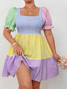 Flirla Plus Size Women Square Collar Short Puff Sleeve Striped Patchwork Color Block Midi Dress - Multicolor - View 1