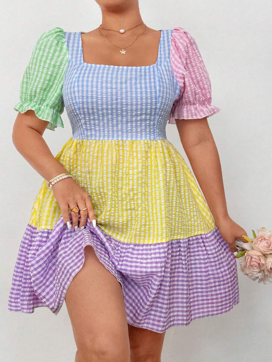 Flirla Plus Size Women Square Collar Short Puff Sleeve Striped Patchwork Color Block Midi Dress - Multicolor - View 1