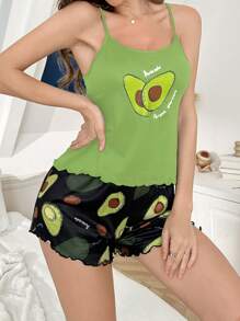 SHEIN 牛油果印花休闲吊带背心女士睡衣套装 - 綠色 - 查看 6