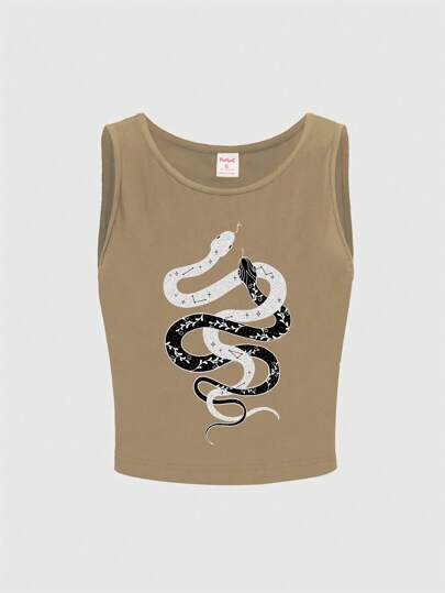 Goth Top senza maniche da donna casuale e versatile, con stampa pelle di serpente e scollo rotondo, stile gotico