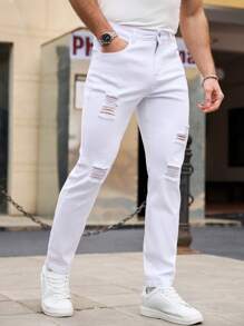 RivetRise Men's Distressed White Denim Jeans, Minimalist And Fashion, Suitable For Summer
