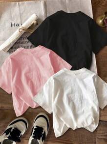 SHEIN Leap Crew 可爱卡通熊图案，女孩休闲简约卡通印花短袖T恤，3件套白色、粉色和黑色，适合夏季 - 彩色 - 查看 2