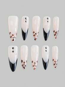 ROMWE Grunge Punk 10 件朋克风格优质豹纹手工假指甲 + 3 件双面胶贴纸，Y2K 哥特式美甲，可拆卸和可重复使用的手绘指甲贴花，适合节日、派对、舞会和日常穿着、万圣节