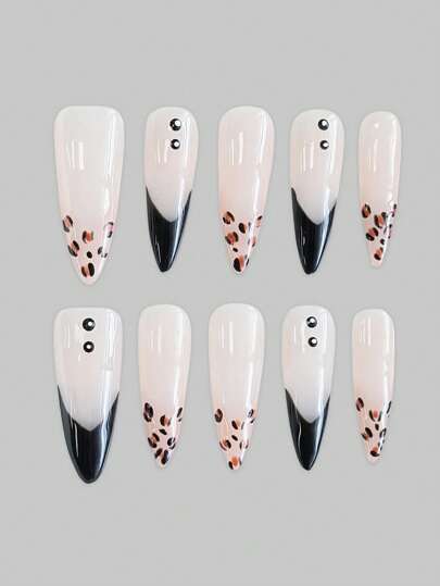 Grunge Punk 10 pièces Faux ongles de style punk de haute qualité avec imprimé léopard, faits à la main + 3 pièces d'autocollants adhésifs double face. Manucure gothique Y2K, décalcomanies d'ongles peintes à la main amovibles et réutilisables, convenant pour les festivals, les fêtes, la danse et le port quotidien, Halloween