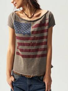 Bohemela 夏季图案西部风格纯色针织船领短袖女式T恤 - 灰色 - 查看 8