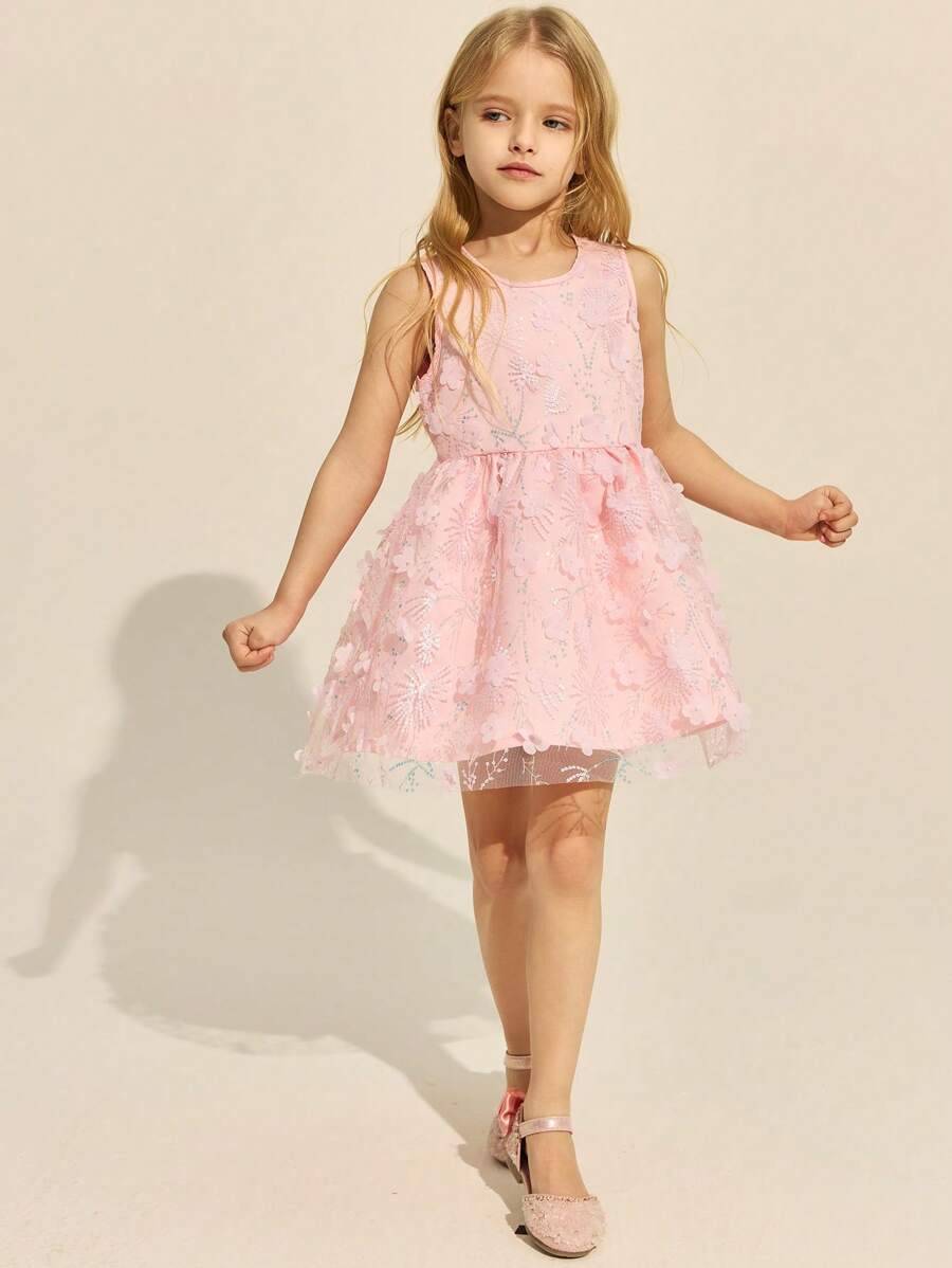 SHEIN 年轻女孩优雅无袖粉色网眼亮片装饰圆领连衣裙，春夏 - 粉色 - 查看 1