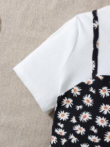 SHEIN Teen Girls White Knit Ribbed Splice Black Daisy Ditsy Floral Sleeveless 2 In 1 Dress, Suitable For Casual, Vacation And Outing