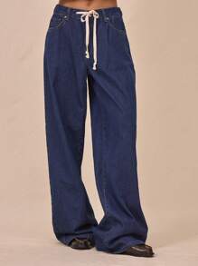 MUSERA Jeans de pierna recta relajada con detalle de cordón a media cintura, para verano - Azul lavado medio - Ver 2