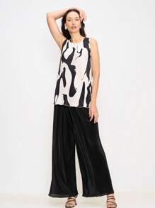 EMERY ROSE Set de 2 piezas de parte superior sin mangas de cuello redondo y pantalones impresos informales para mujer