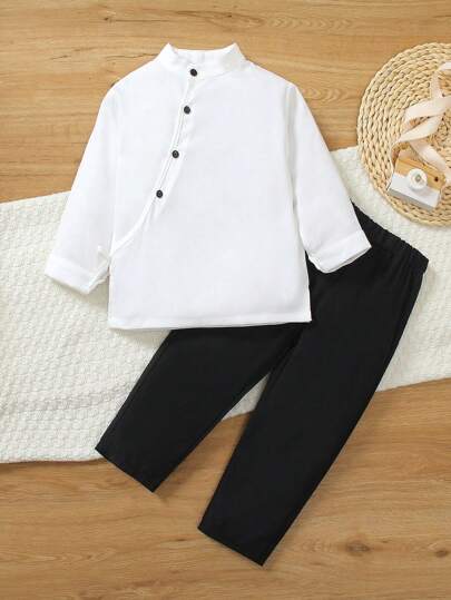 Young Boy Solid Color Chinese Style Long Sleeve Shirt With Stand Collar, Paired With Plain Casual Pants, Retro Style Suitable For School, Outings And Home Wear, Suitable For Spring/Autumn