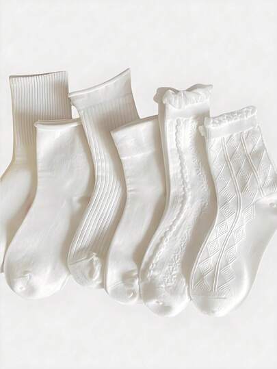 Kawaii 6pairs Women Solid Crew Socks