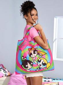 THE POWERPUFF GIRLS X SHEIN 1 件可爱卡通花朵、泡泡、毛茛心形印花涤纶可折叠购物袋、手提袋，配有带珠链的小储物袋 - 彩色 - 查看 3