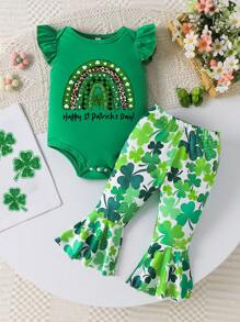 2 pièces Barboteuse fille à manches courtes style minimaliste avec imprimé arc-en-ciel, léopard, trèfle chanceux et lettres et pantalon évasé imprimé, convient pour la Saint-Patrick, l'été