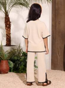 SHEIN 2Pcs/Set Young Girl Contrast Trim Short Sleeve Top & Pants Set - Beige - View 2