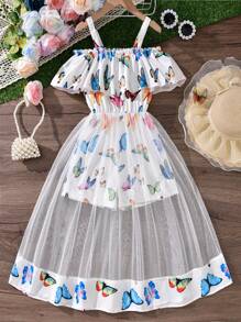 Mono con volantes y estampado de mariposas de colores para niñas preadolescentes, estilo de resort de primavera/verano