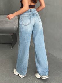 EURMUSE Jeans rectos y holgados con bolsillos, de uso casual y versátil para mujeres - Lavado ligero - Ver 2