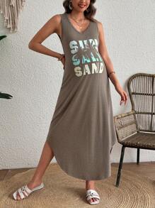 SHEIN New Summer Knitted Printed Round Neck Sleeveless Simple Casual Dress - Coffee - View 5