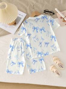 SHEIN Leap Crew Tween 女童休闲简约短袖短裤睡衣套装，罗纹面料，贴身剪裁，适合春夏季 - 白色 - 查看 2