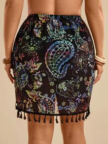 Travachic Plus Size Vacation Casual Tropical Beach Pleated Fringe Paisley Print Elastic Knit Mesh Cover Up Skirt, Summer Country Concert, Sarong