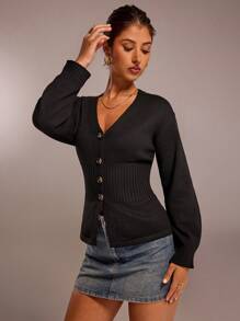 Forever 21 Fall&Winter V-Neck/Color/Fitted/Funny /New Years Eve/Party Women/Long Sleeve/New Years/Women Cardigan Sweater/Christmas Sweater/Women/ Y2k/Street Wear Women/Knitted Women Sweater - Black - View 3