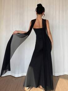 SHEIN Unity 女式串珠美人鱼尾巴喇叭下摆长裙 - 黑色 - 查看 2