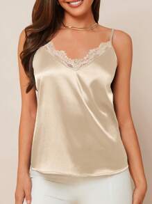 Amorya 女士优雅撞色蕾丝领缎面吊带背心，百搭，春夏季可作为分层单品，秋冬季可作为夹克内搭