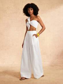 Neuer Frühlings- und Sommer-Lässig- und eleganter Urlaubs-Einschulter-Knoten-Design-Crop-Top mit breitem Bein Superweite Hose Weiß Gewebt Damen Zweiteiler-A