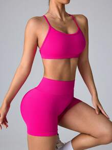 Slayform Conjunto de top de tirantes racer y shorts sin costuras, diseño de tirante, control de abdomen y elevación de glúteos, apto para yoga, fitness, correr - conjunto de entrenamiento para mujer - Rosa Fucsia - Ver 5