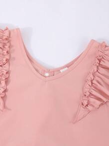 SHEIN Top informal para niñas con diseño de cuello en V, mangas acampanadas, espalda descubierta y lazo desmontable en color liso, adecuada para salidas diarias