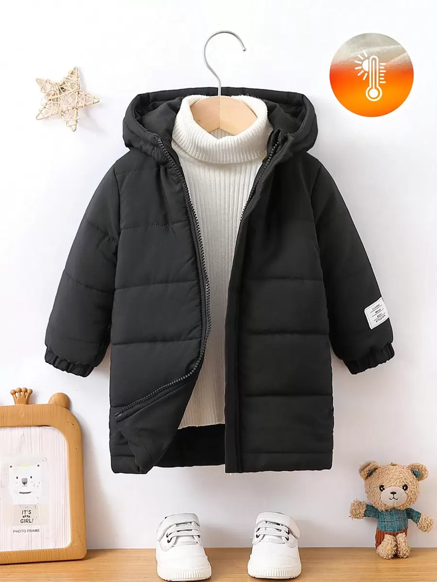 适合日常穿着的男婴纯色连帽棉服外套 - 黑色 - 查看 1