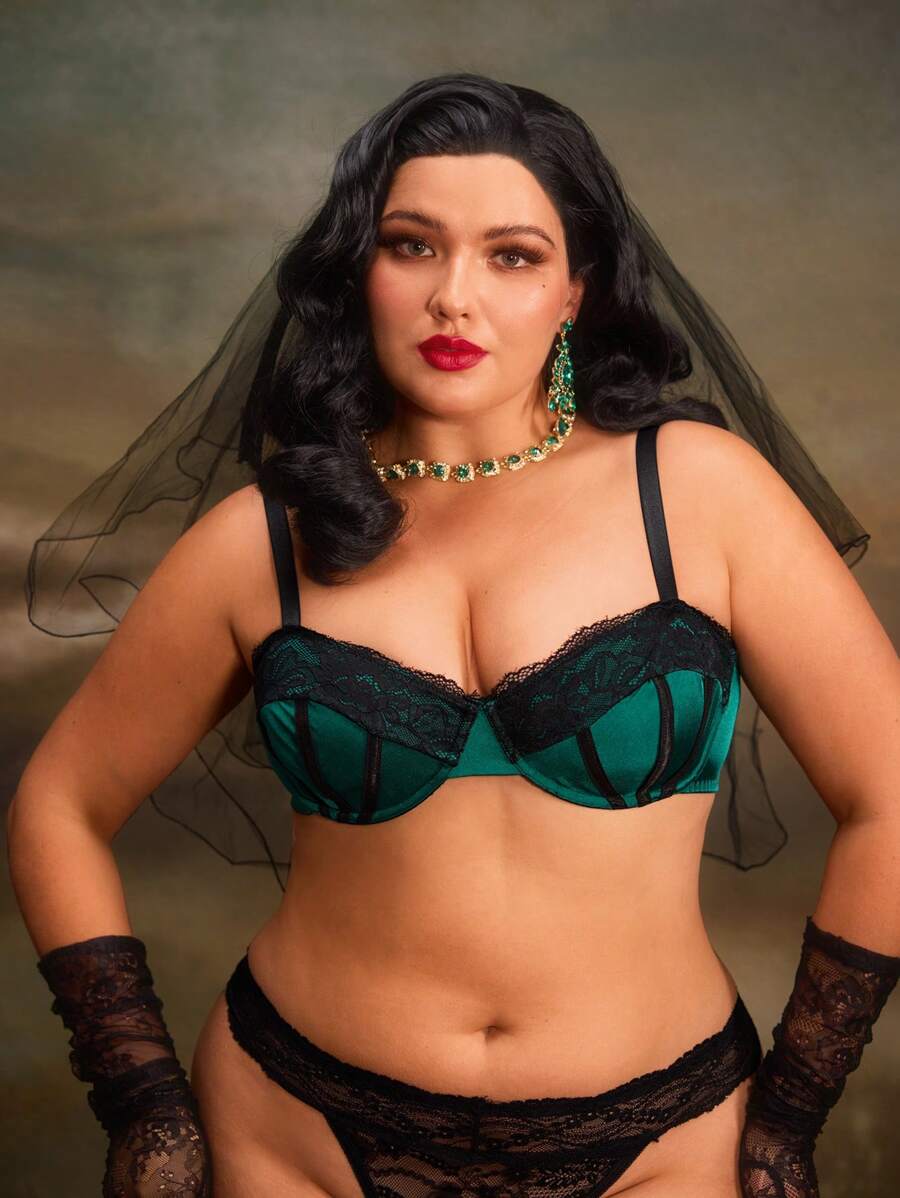 PinupGlam Sujetador glaseado de satén de talla grande con parches de encaje en estilo romántico vintage