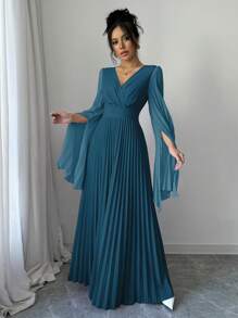 Elenzga V-Neck Pleated Open Sleeve Elegant Romantic Women Dress Maxi Women Outfit Fall Cloth For Women - Teal Blue - View 3