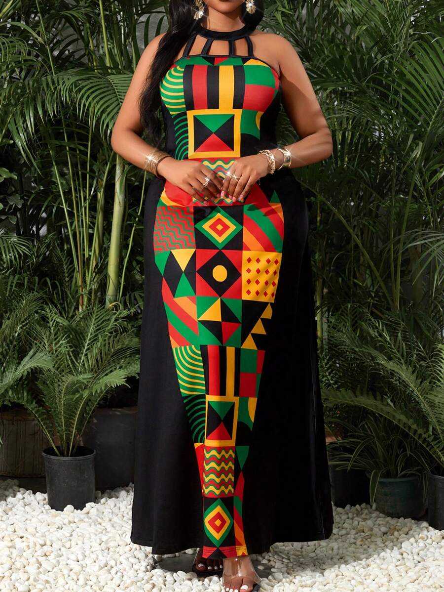 SHEIN Lady 春夏优雅通勤办公室波西米亚风彩色针织吊带喇叭形长款无袖大码连衣裙优雅女装连衣裙高档服装度假装女士度假装女士波西米亚风女装度假连衣裙女士度假连衣裙优雅度假装女士夏季女士服装 - 彩色 - 查看 1