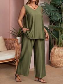 EMERY ROSE Plus Size V-Neck TButtons At Back Ank Top And Pockets Pants Casual Solid Color Vacation 2pcs Set ,Summer Clothes,Vacation Outfits Woman / Vacation,Boho Women Clothing - Army Green - View 5