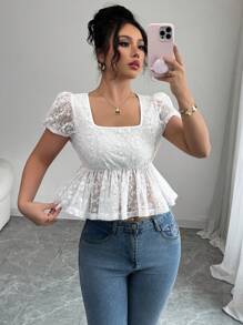 Chiquease Blusa de mujer de manga abullonada con cuello cuadrado, volantes y bordados, ideal para el verano y vacaciones - Blanco - Ver 1
