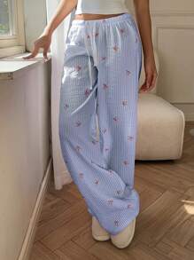 Aloruh 优雅低腰性感长裤，带蝴蝶结和条纹花卉印花，百搭