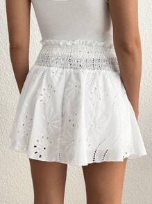 SHEIN Comfortable Solid Color Lace Hem Hollow Embroidered Drawstring Maternity Shorts, Summer Casual - White - View 2